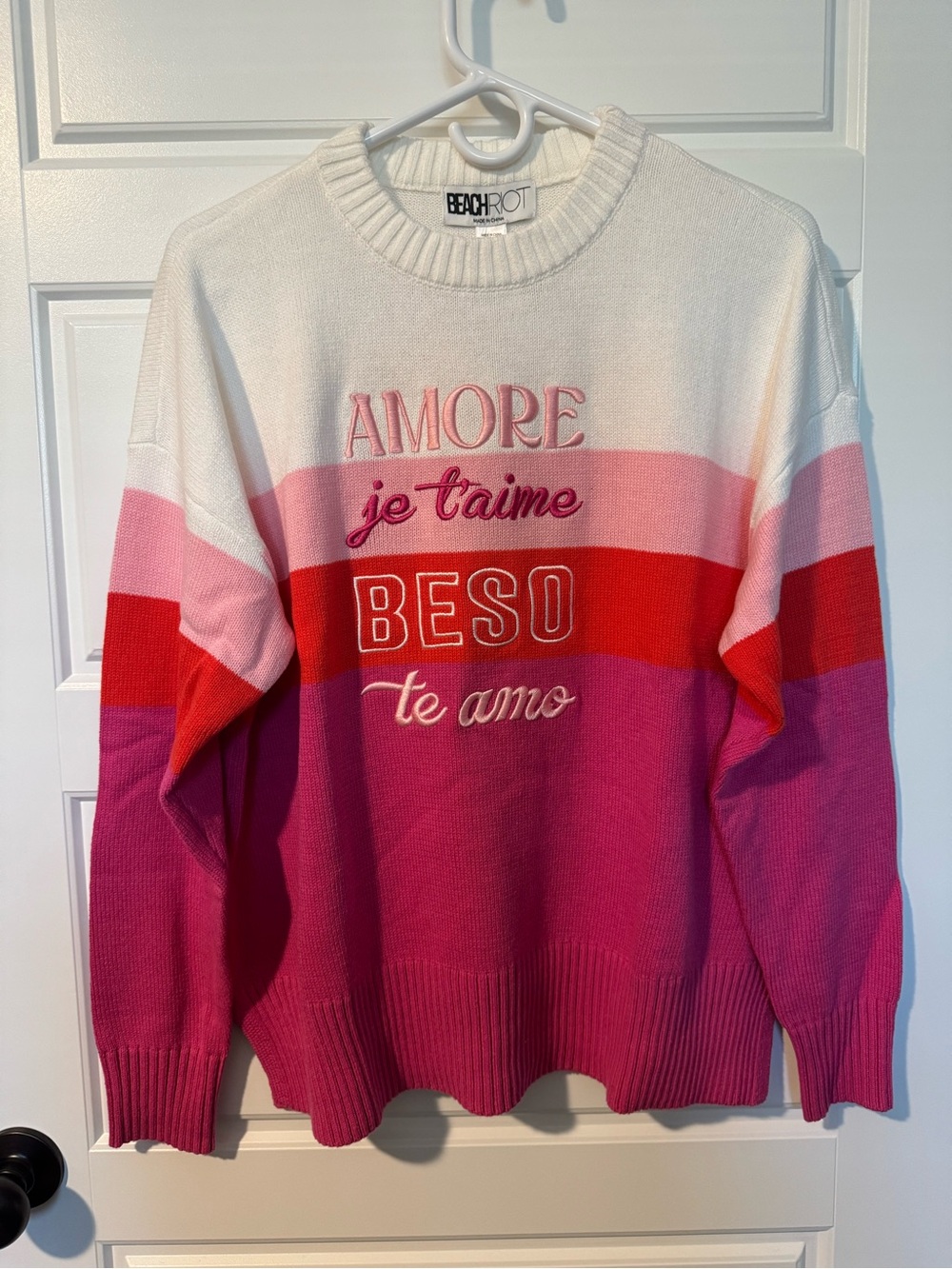 NWT BeachRiot for Anthropologie “Love” Embroidered Sweater, Pink Stripe, Size M